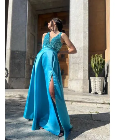 Abito da cerimonia, con spacco - Turchese