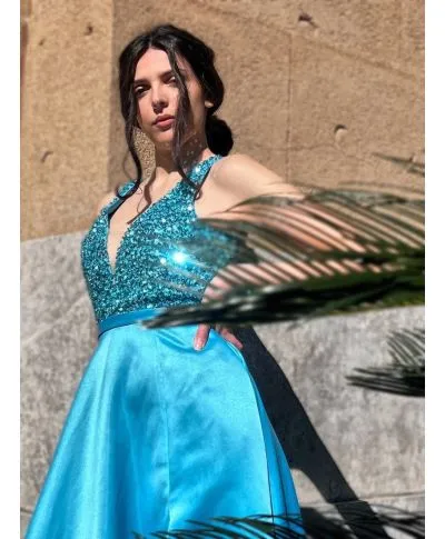 Abito da cerimonia, con spacco - Turchese