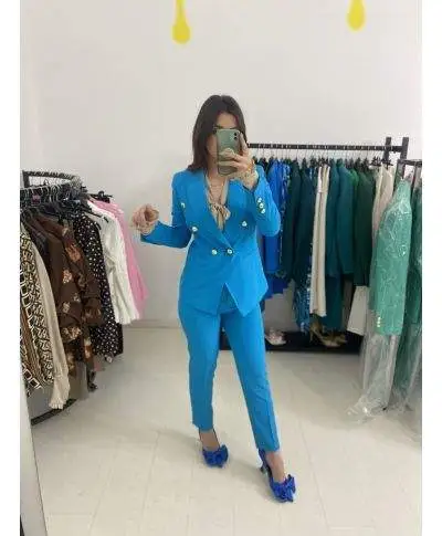Tailleur donna, azzurro - Pantaloni sigaretta