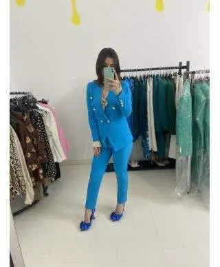 Tailleur donna, azzurro - Pantaloni sigaretta