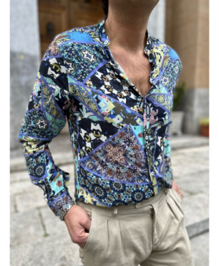 Camicia coreana uomo, fantasia astratta, made in Italy - Manica lunga