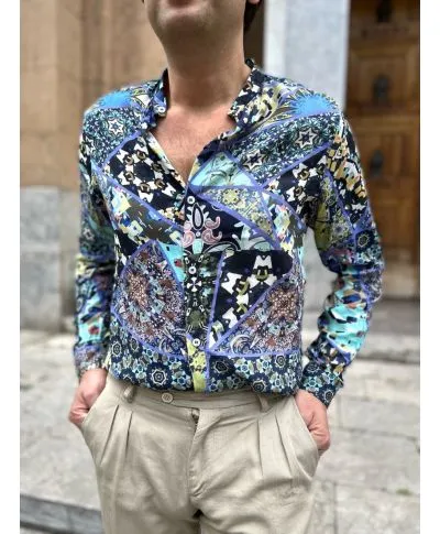 Camicia coreana uomo, fantasia astratta, made in Italy - Manica lunga
