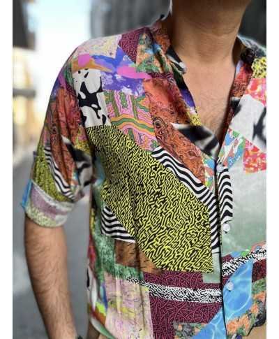 Camicia coreana uomo, fantasia astratta, multicolore, - Manica lunga