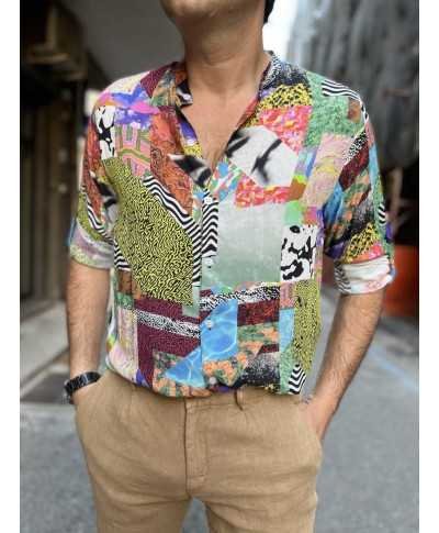 Camicia coreana uomo, fantasia astratta, multicolore, - Manica lunga