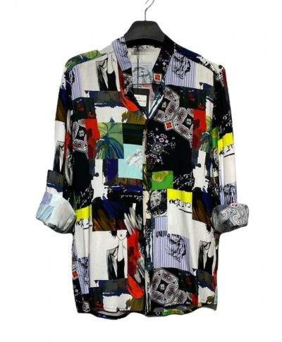 Camicia coreana uomo, base nera, fantasia astratta, made in Italy - Manica lunga
