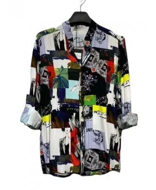 Camicia coreana uomo, base nera, fantasia astratta, made in Italy - Manica lunga