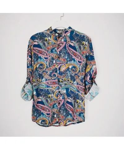 Camicia coreana uomo, fantasia blu, made in Italy - Manica lunga