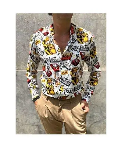 Camicia coreana uomo, fantasia game, made in Italy - Manica lunga