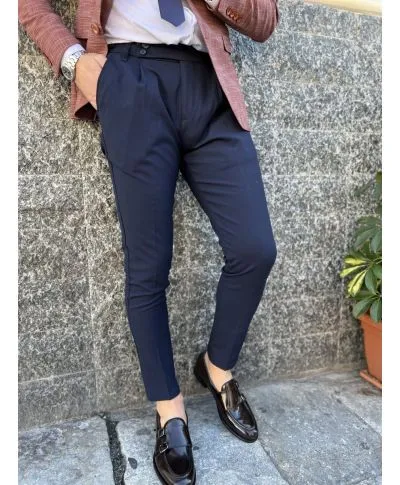 Pantaloni uomo slim, con pinces, - Blu