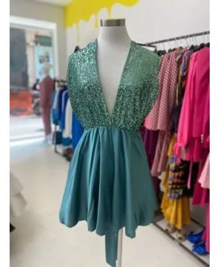 Tutina verde paillettes - Pantaloncino - Con fiocco retro