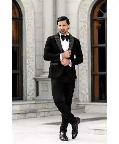Abito da uomo, colore nero - Giacca con revers ricamato in rilievo - Slim