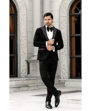 Abito da uomo, colore nero - Giacca con revers ricamato in rilievo - Slim