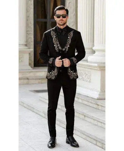 Abito da uomo, colore nero - Giacca decorata a filo in rilievo - Slim