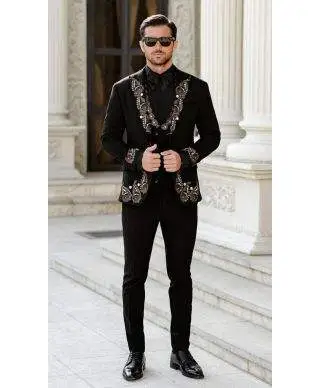 Abito da uomo, colore nero - Giacca decorata a filo in rilievo - Slim
