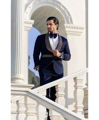 Abito da uomo, colore blu - Giacca con revers a scialle - Slim