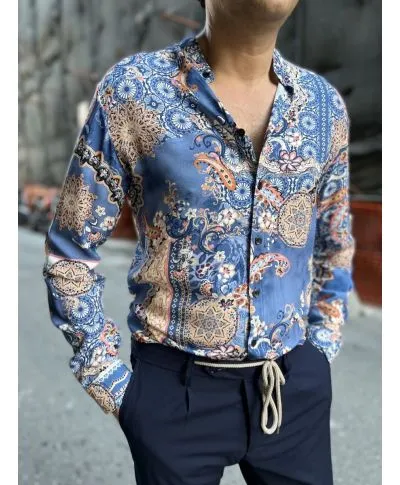 Camicia coreana fantasia azzurra, slim