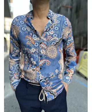 Camicia coreana fantasia azzurra, slim