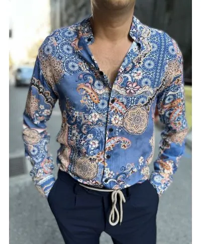 Camicia coreana fantasia azzurra, slim