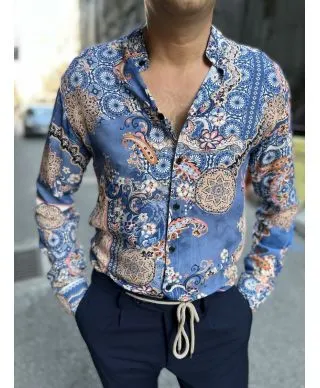 Camicia coreana fantasia azzurra, slim
