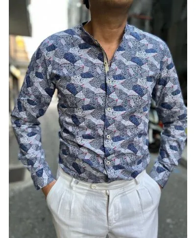 Camicia fantasia - Azzurra - Collo coreano