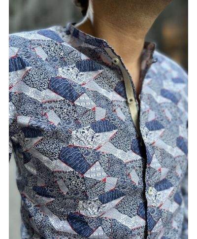 Camicia fantasia - Azzurra - Collo coreano