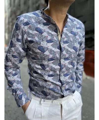 Camicia fantasia - Azzurra - Collo coreano
