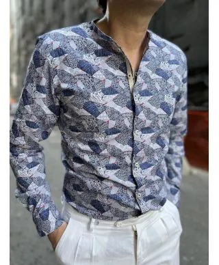 Camicia fantasia - Azzurra - Collo coreano