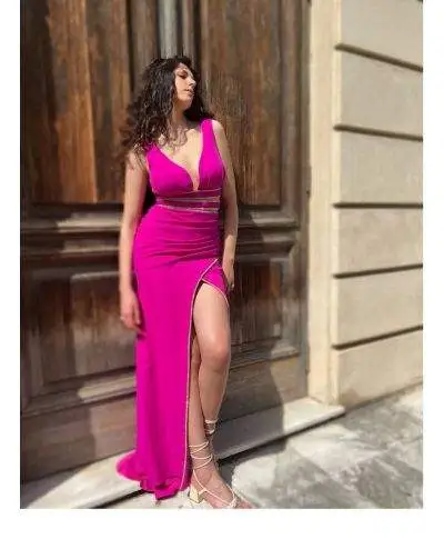 Vestito elegante - Lungo - Fuxia - Con spacco