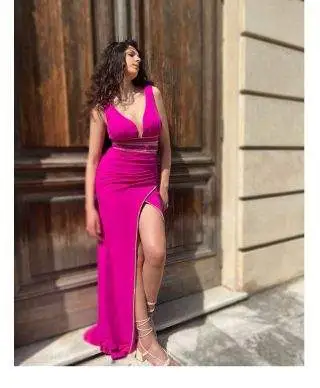 Vestito elegante - Lungo - Fuxia - Con spacco