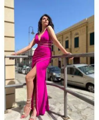 Vestito elegante - Lungo - Fuxia - Con spacco