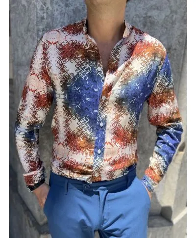 Camicia coreana, fantasia azzurra arancio, slim