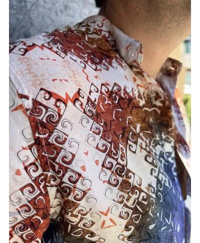 Camicia coreana, fantasia azzurra arancio, slim