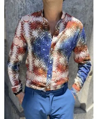 Camicia coreana, fantasia azzurra arancio, slim