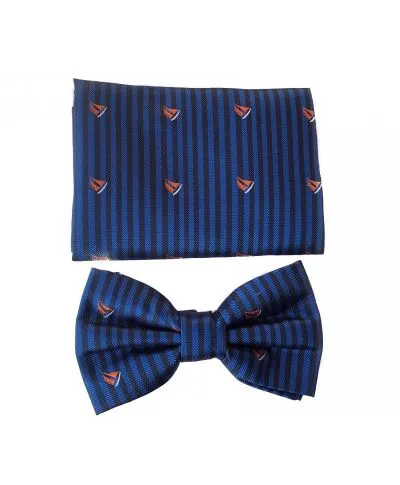 Papillon uomo blu - Fantasia barche rosse e righe - Abbinato alla pochette
