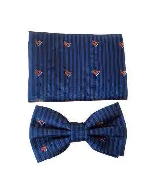 Papillon uomo blu - Fantasia barche rosse e righe - Abbinato alla pochette