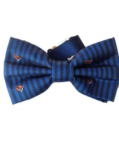 Papillon uomo blu - Fantasia barche rosse e righe - Abbinato alla pochette