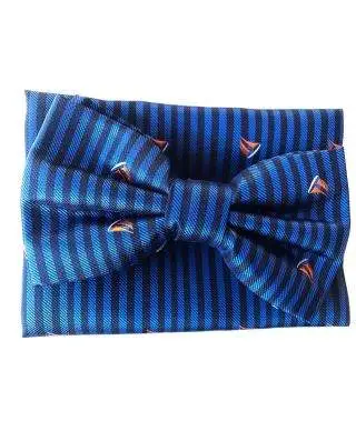Papillon uomo blu - Fantasia barche rosse e righe - Abbinato alla pochette