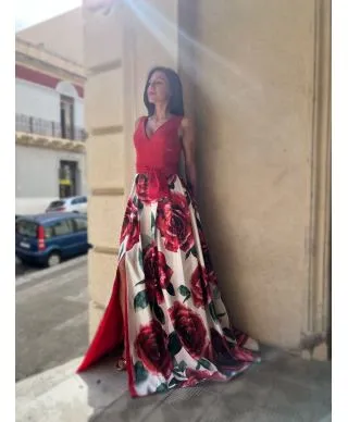 Vestito elegante da cerimonia - Rosso - Gonna a fantasia