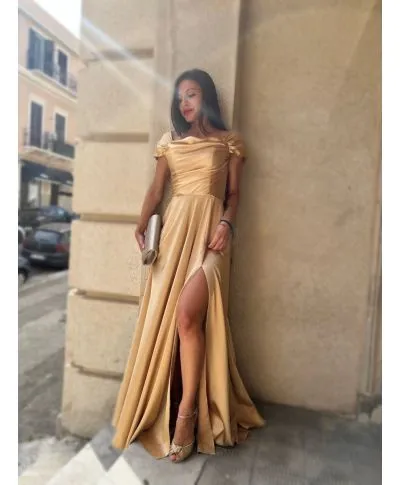 Vestito elegante, oro - In raso - Con spacco