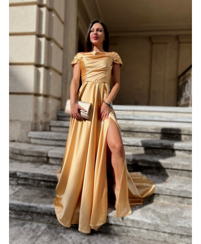 Vestito elegante, oro - In raso - Con spacco