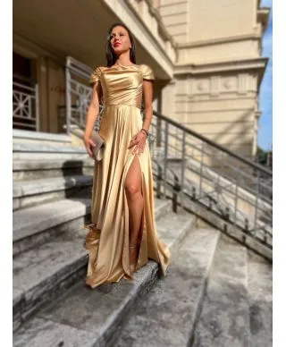 Vestito elegante, oro - In raso - Con spacco