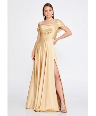 Vestito elegante, oro - In raso - Con spacco