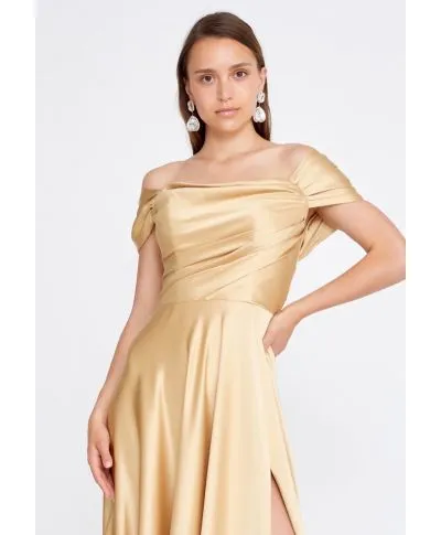 Vestito elegante, oro - In raso - Con spacco