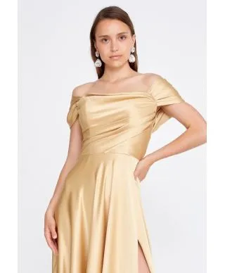 Vestito elegante, oro - In raso - Con spacco