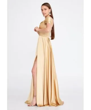 Vestito elegante, oro - In raso - Con spacco