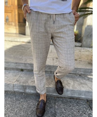 Pantaloni beige, a quadri - Lino Cotone