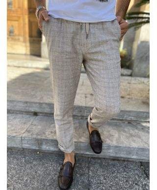 Pantaloni beige, a quadri - Lino Cotone