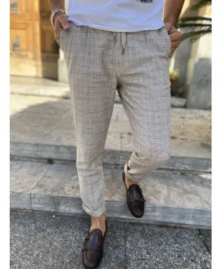 Pantaloni beige, a quadri - Lino Cotone