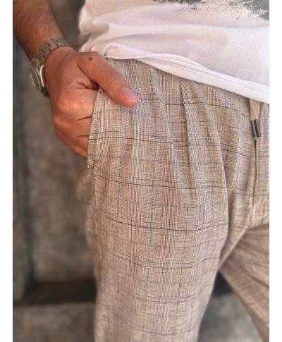 Pantaloni beige, a quadri - Lino Cotone