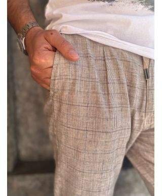 Pantaloni beige, a quadri - Lino Cotone